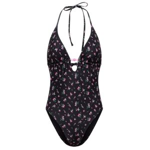 No Boundaries Wild Flower Black Plunge One-Piece Swimsuit Size XL